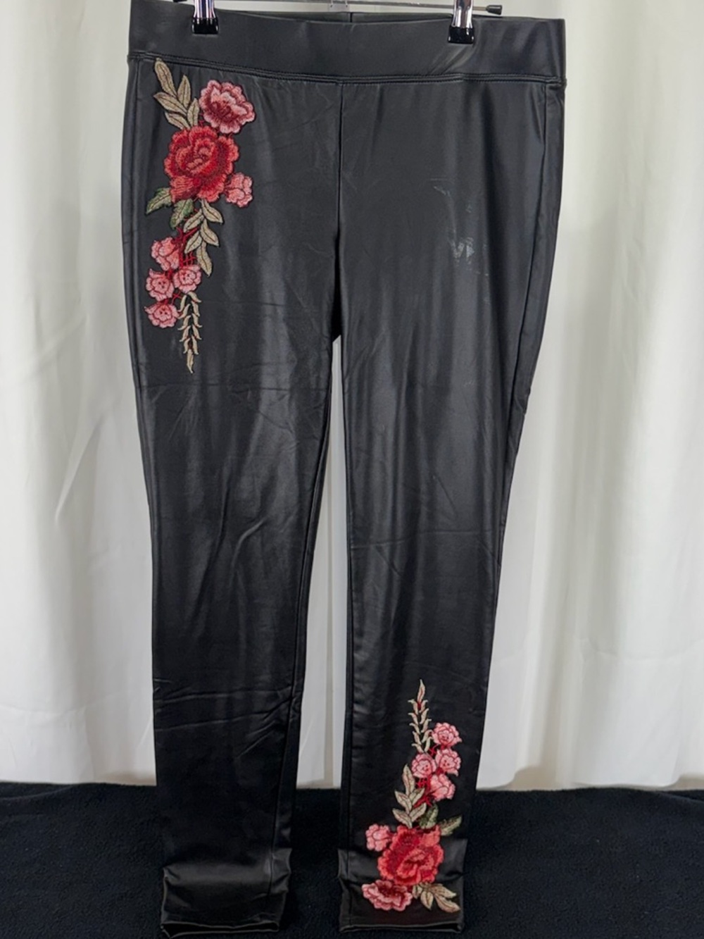 Boom Boom Jeans Black Faux Leather Leggings with Pink & Red Rose Embroidery 2177